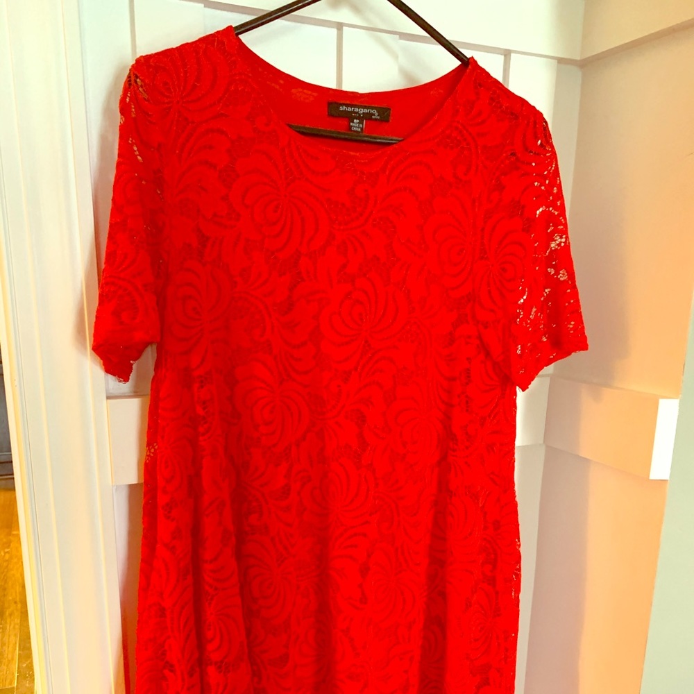 Red lace Sharagano dress, size 8P. Knee length.
